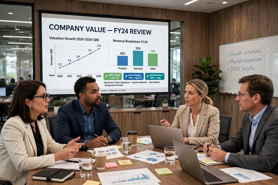 Professionals discussing company valuation in a meeting