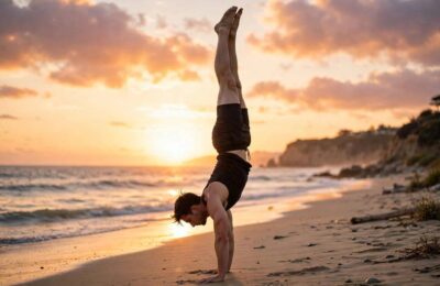 Person holding a freestanding handstand on the beach