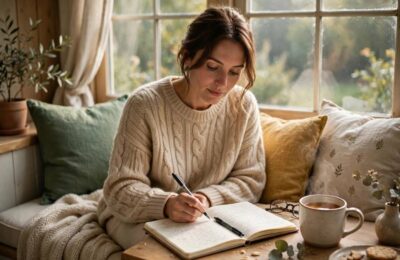 A woman journaling by a window during a life audit