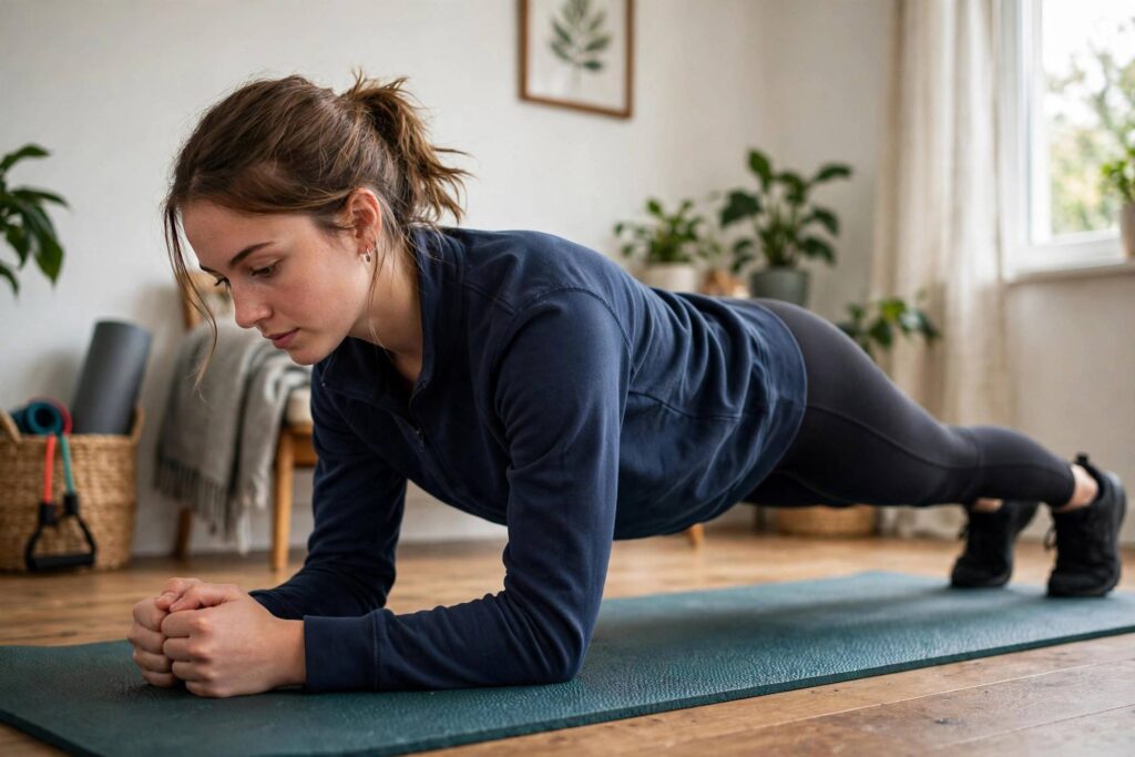 Beginner holding a proper forearm plank position on an exercise mat