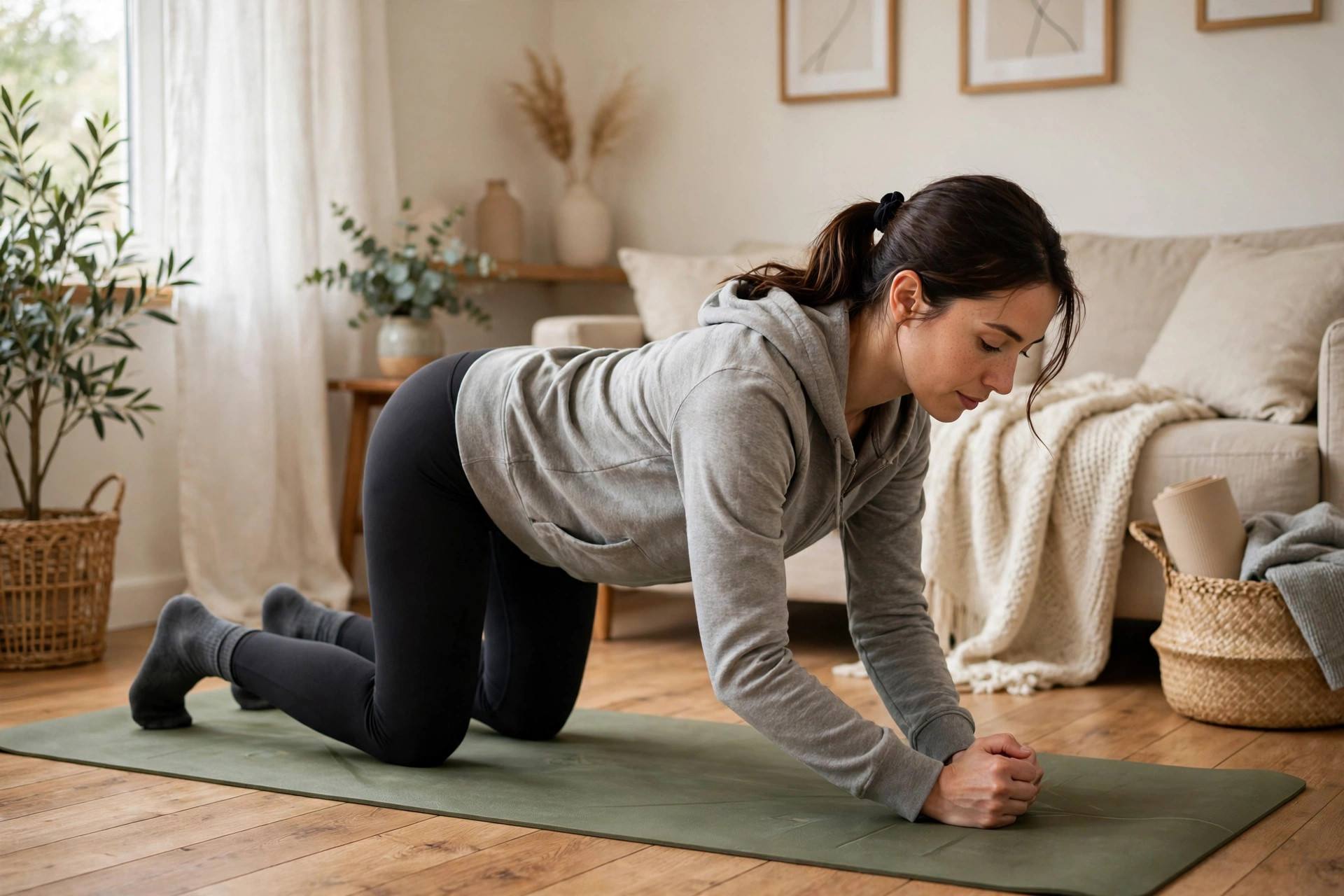 Person doing a modified knee plank on a yoga mat at home