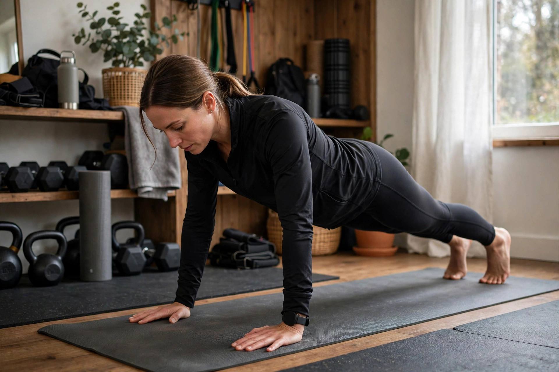 Woman performing a high plank push-up position in a home gym