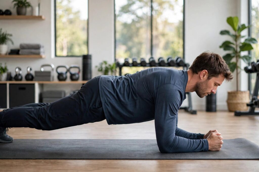 Man holding a perfect forearm plank with straight body line on a gym mat
