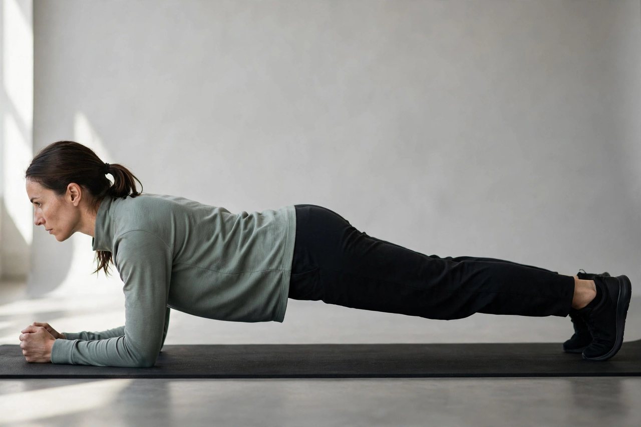 Close-up side view of correct plank form showing straight body alignment
