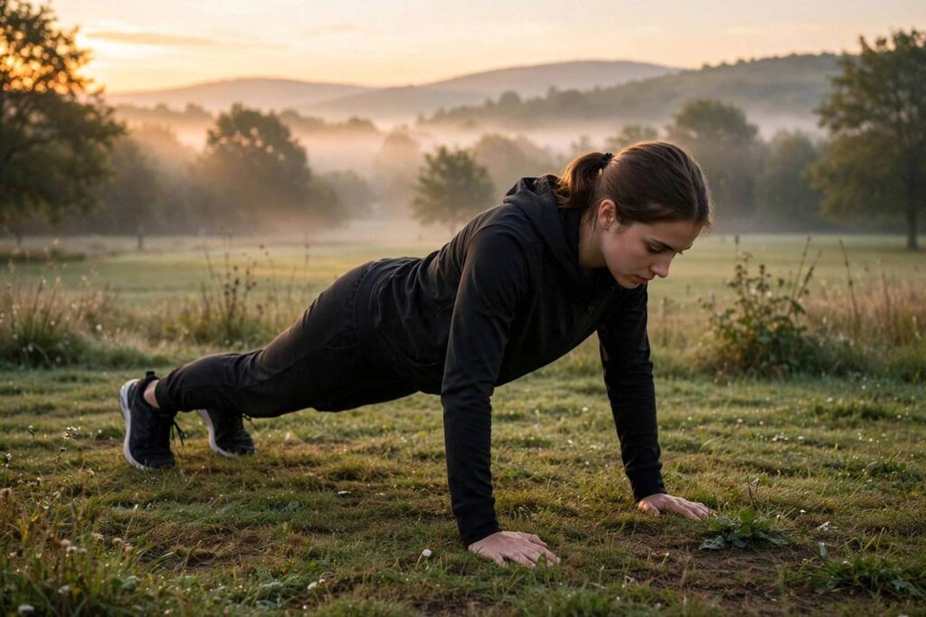 Athlete doing push-ups outdoors at sunrise