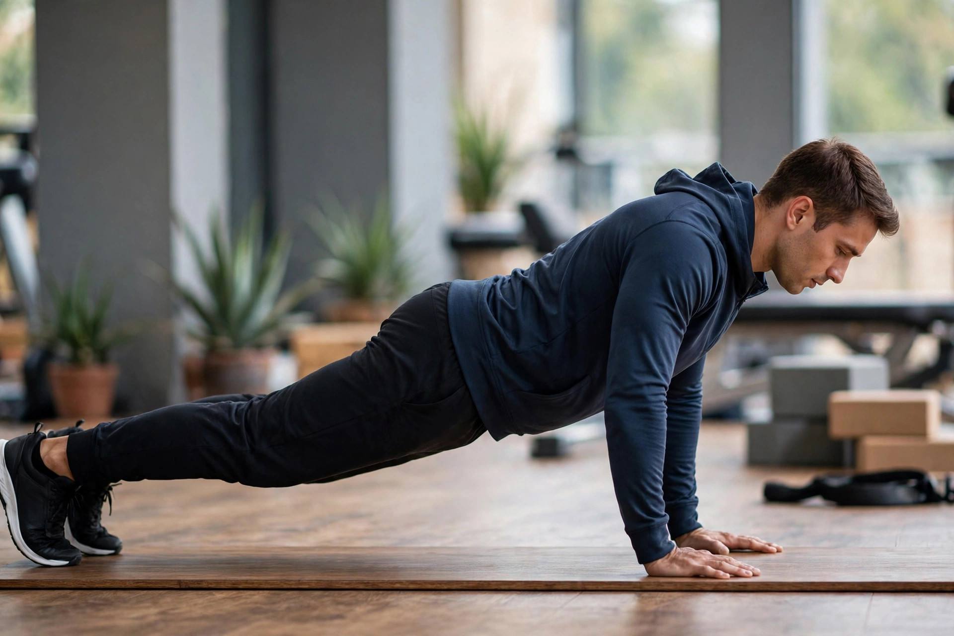 Man demonstrating proper push-up form in side view