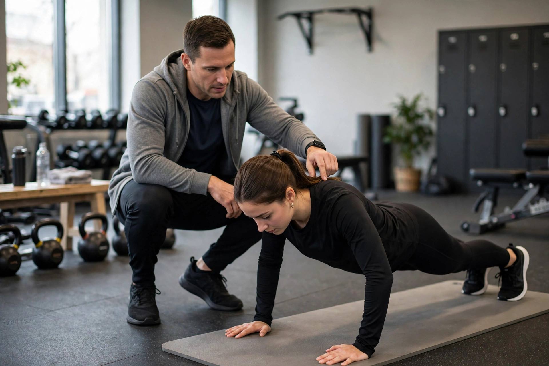Fitness coach correcting push-up form in a gym