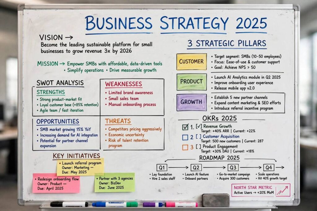 Business strategy diagram on a whiteboard