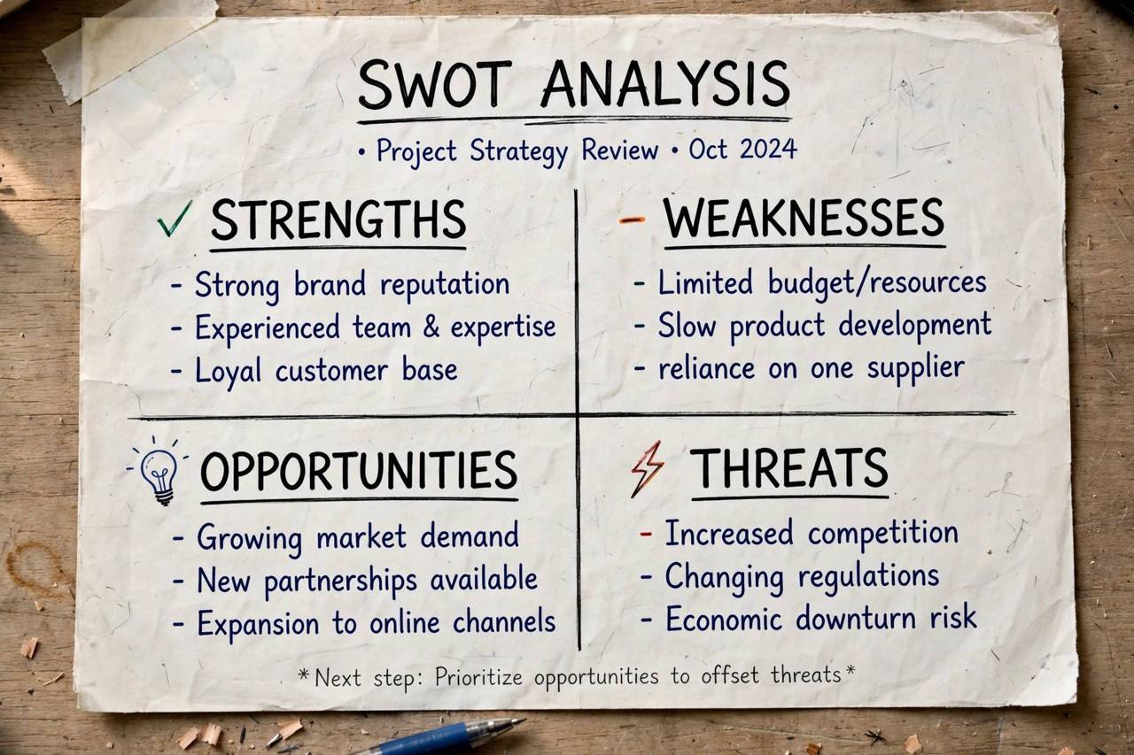 SWOT analysis four-quadrant diagram on paper