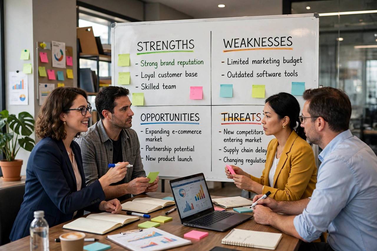 Business team doing a SWOT analysis on a whiteboard