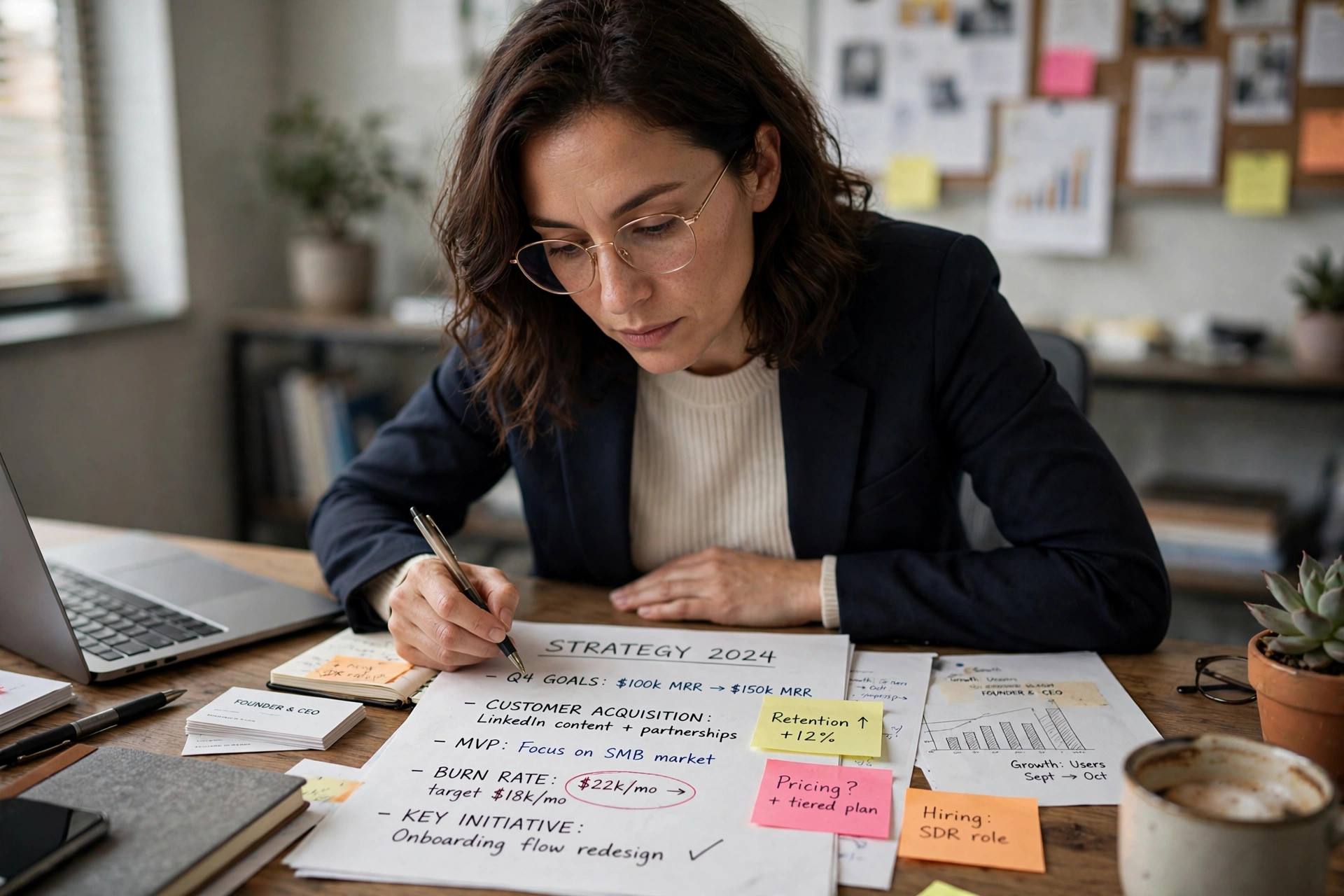 Entrepreneur reviewing strategy notes at a desk