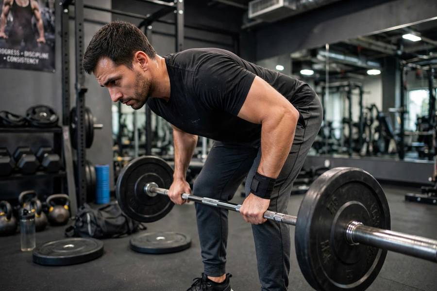 Man demonstrating how to do bent over rows with a barbell