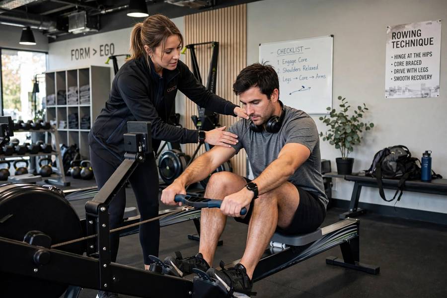 Trainer coaching proper form for how to do bent over rows