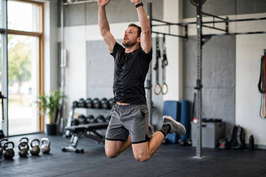 Man performing the explosive jump phase of burpees correctly