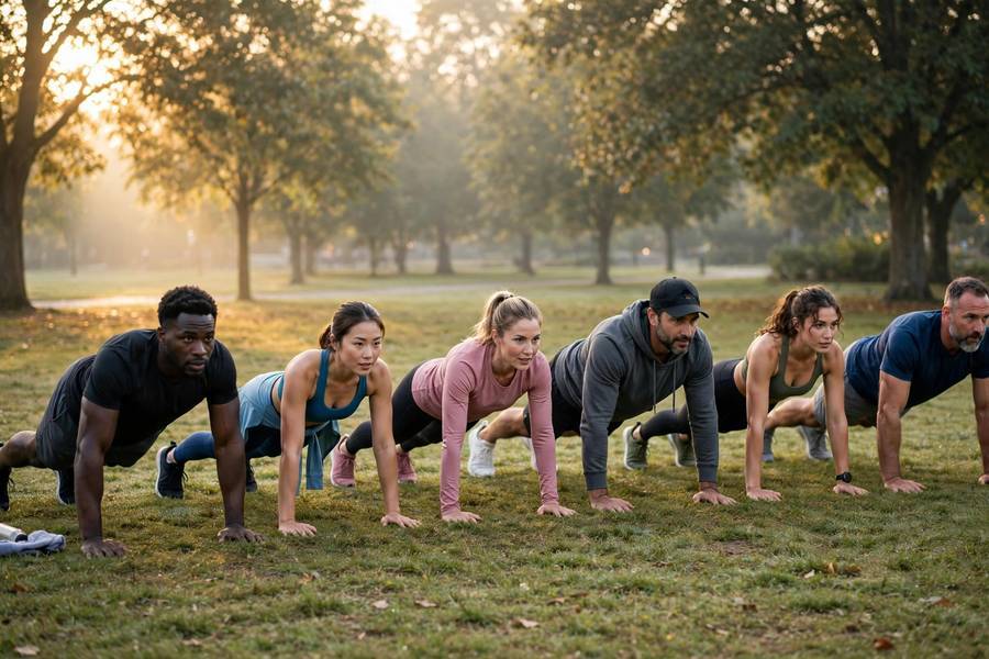 Group performing burpees correctly during an outdoor workout class