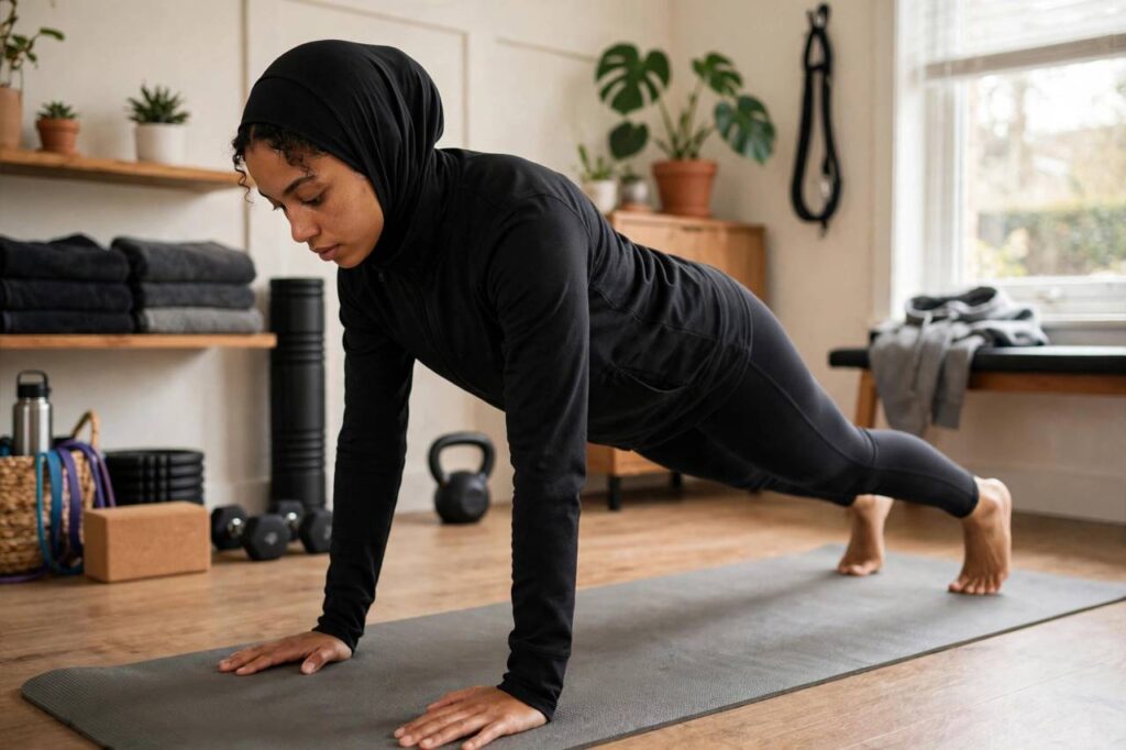 Beginner in modest full-coverage athletic wear performing a step-back burpee without the jump