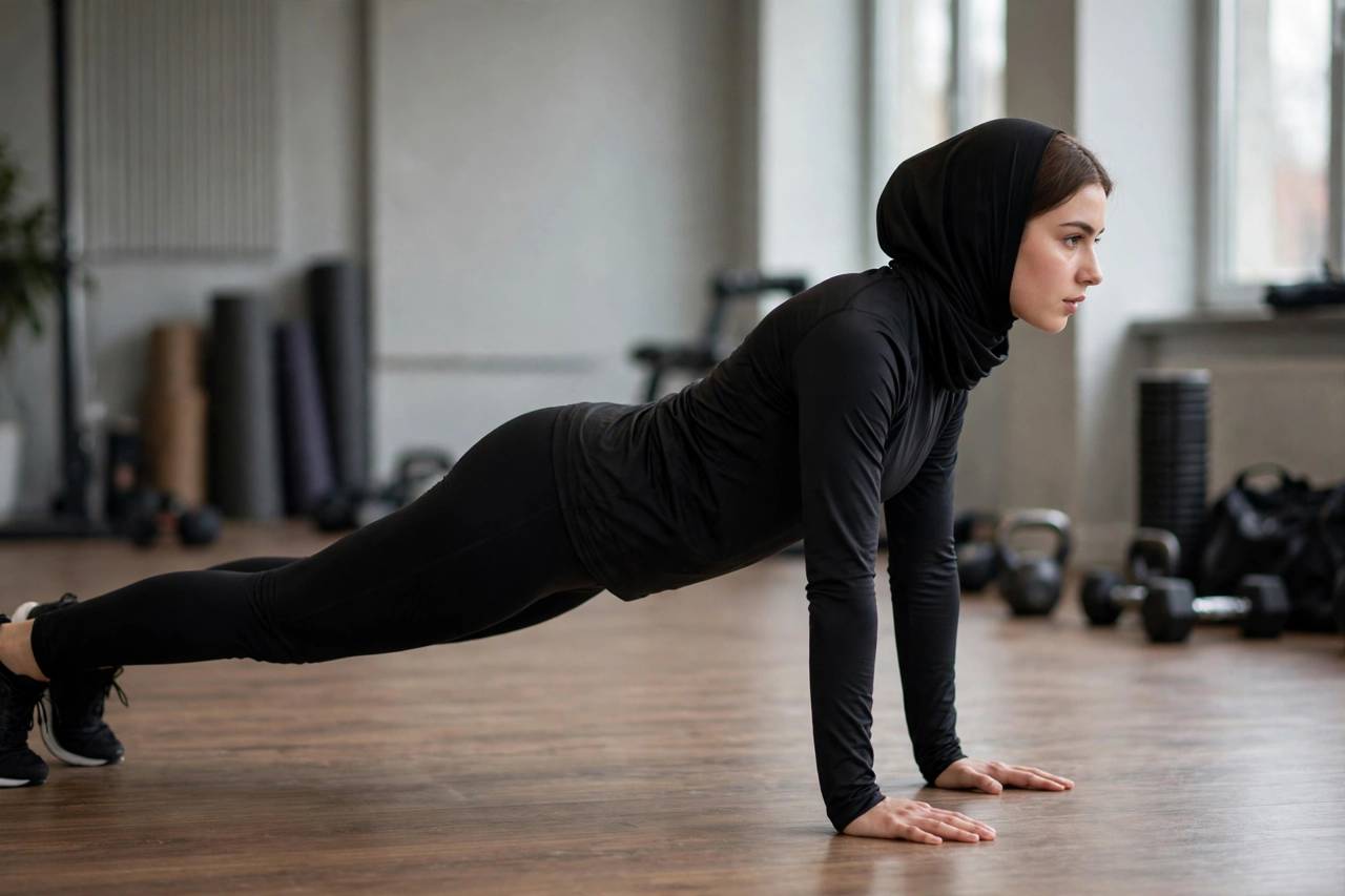 Beginner in modest full-coverage athletic wear holding a strong plank position during a burpee