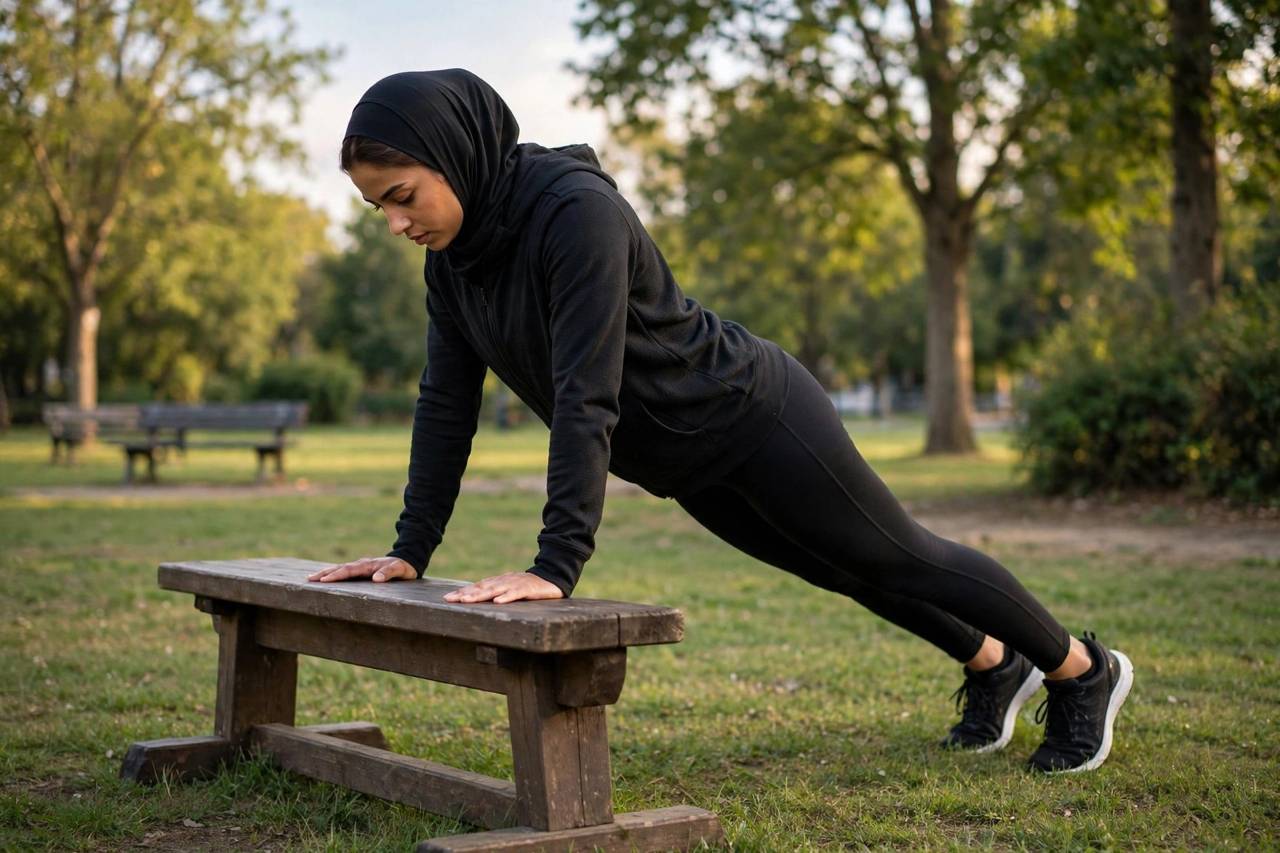 Beginner in modest full-coverage athletic wear doing incline burpees with hands on a gym bench