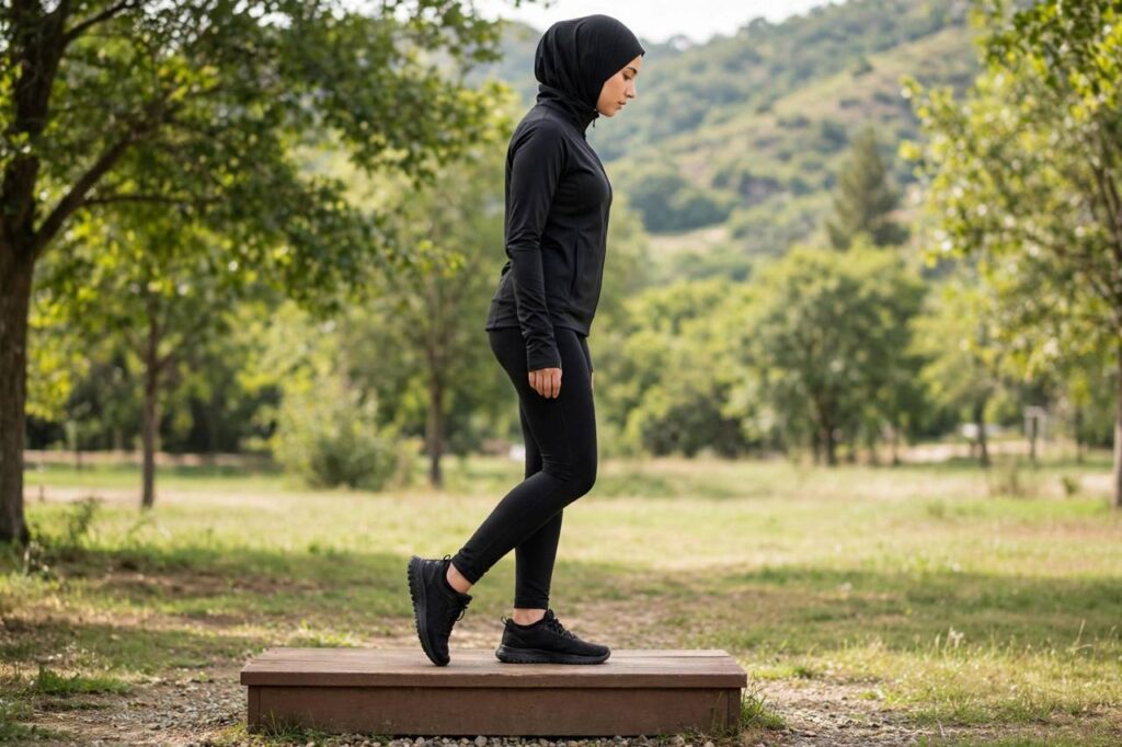 Person in modest full-coverage athletic wear (torso fully covered, no midriff, full-length leggings) doing standing calf raises on a step, side view, landscape