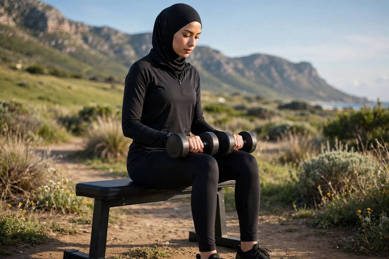 Person in modest full-coverage athletic wear (torso fully covered, no midriff, full-length leggings) doing seated calf raises with dumbbells on knees, landscape