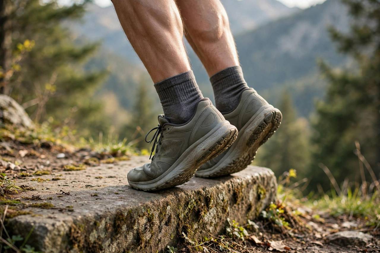 Close-up of feet on a step edge showing full calf raise range of motion, modest athletic shoes, no face visible, landscape