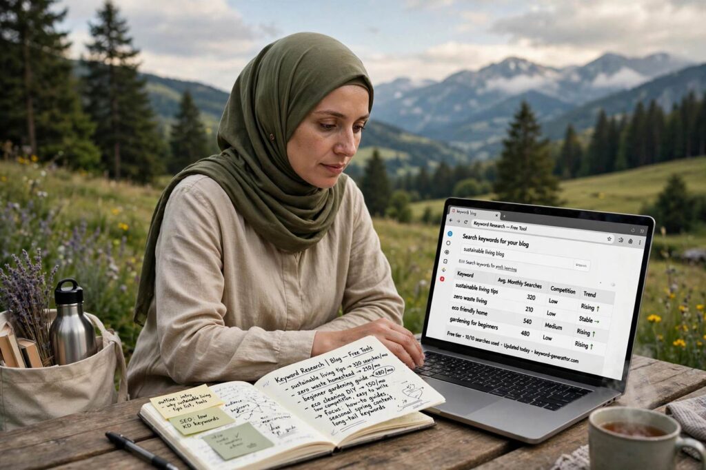 Blogger doing keyword research for a blog with free tools