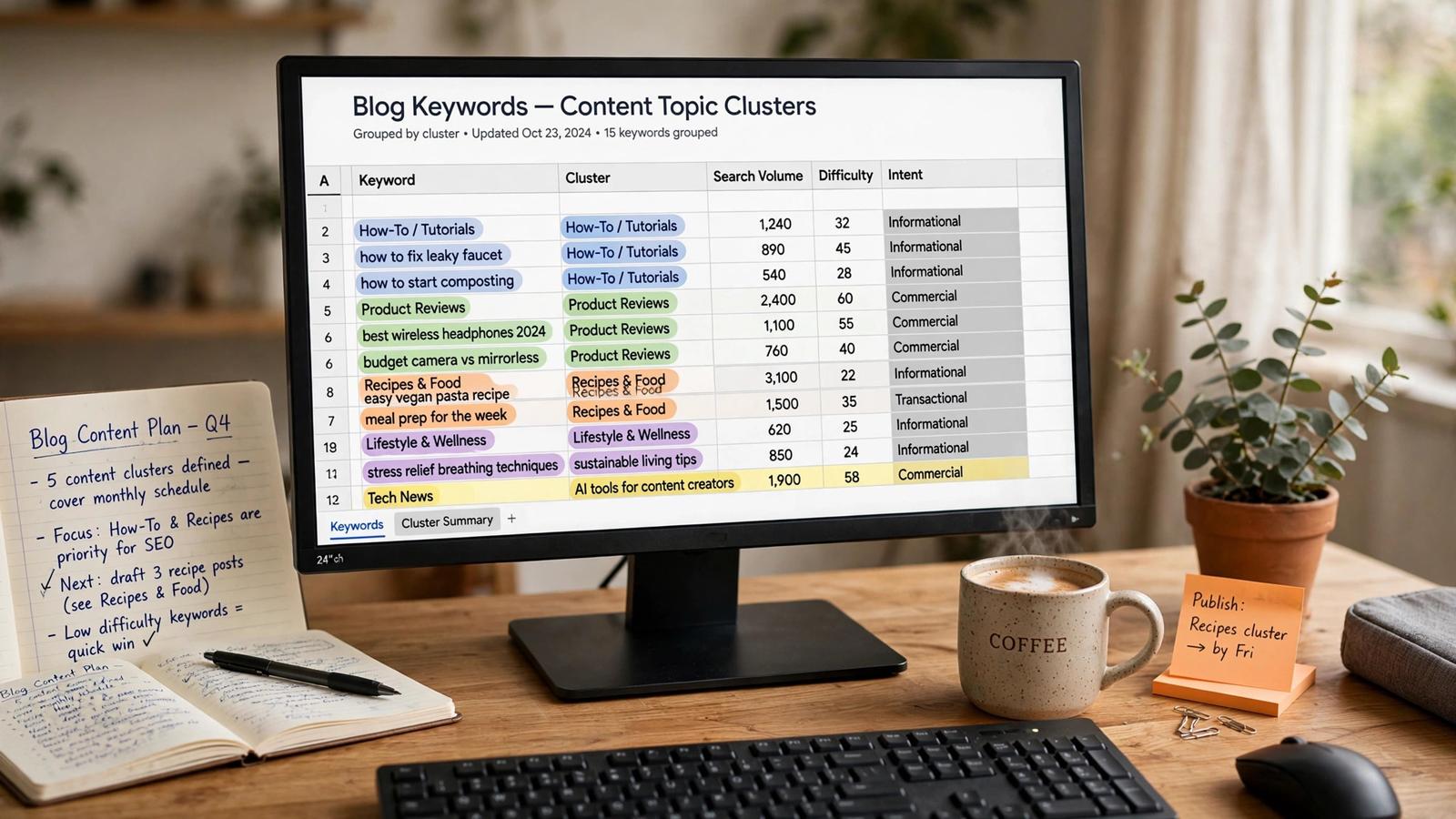 Grouping blog keywords into content topic clusters on a spreadsheet