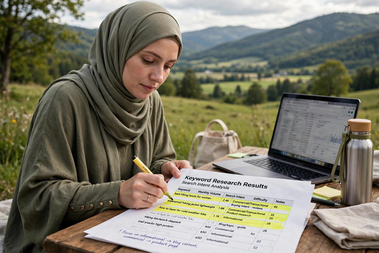 Blogger reviewing keyword research results and search intent