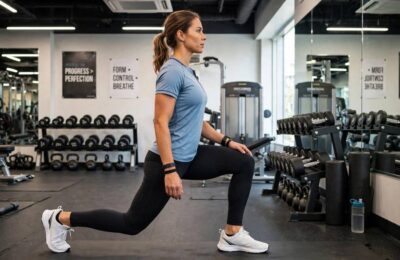 A trainer demonstrating proper lunge form with 90-degree knee angles