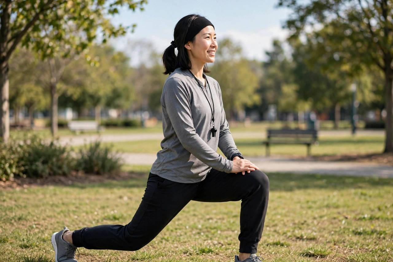 Coach showing correct lunge position wearing modest full-length workout clothing