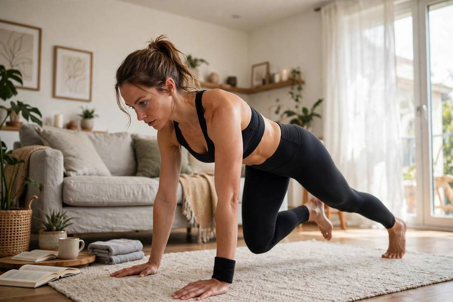 Woman demonstrating how to do mountain climbers with proper form at home