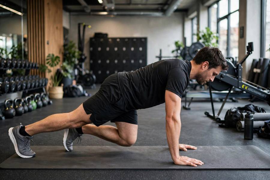 Side view of correct mountain climbers form with level hips