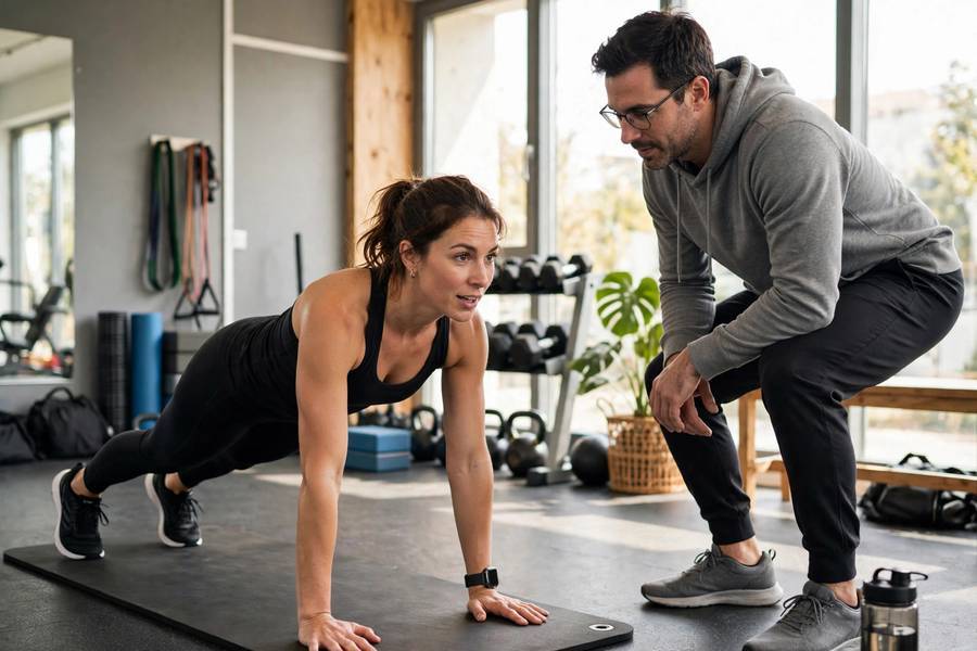 Trainer showing the starting plank position for mountain climbers