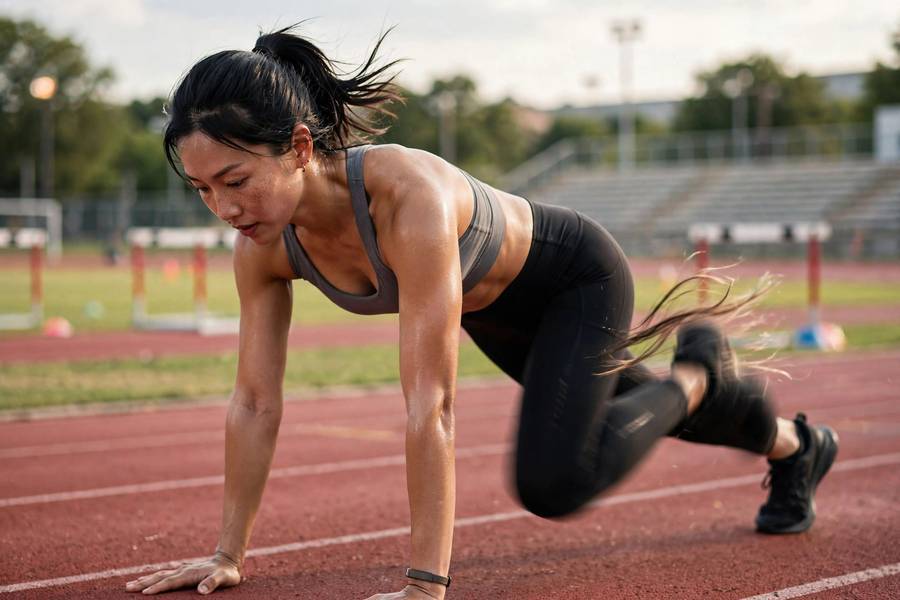 Athlete performing cross-body mountain climbers variation outdoors