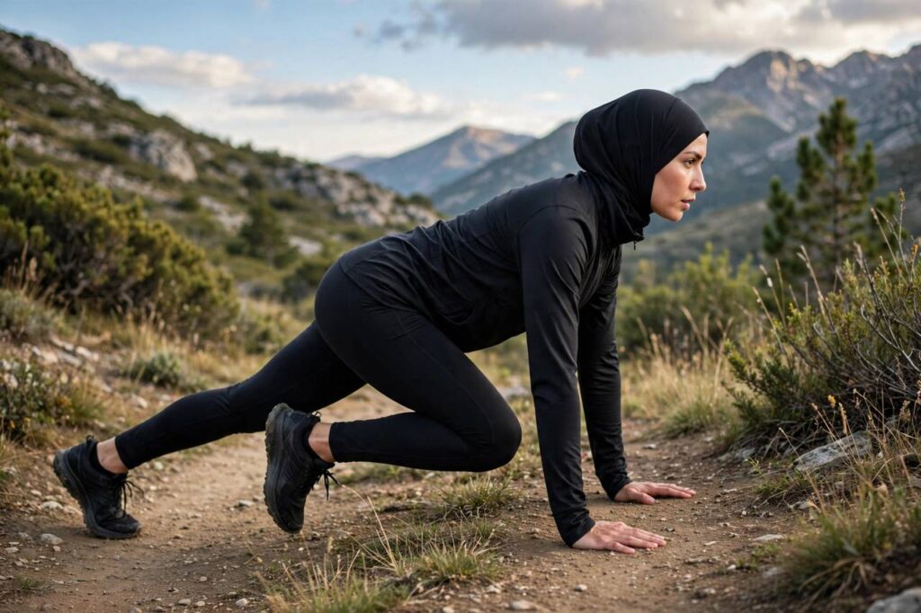 Person in modest full-coverage athletic wear (torso fully covered, no midriff, full-length leggings) doing mountain climbers in plank position, side view, landscape