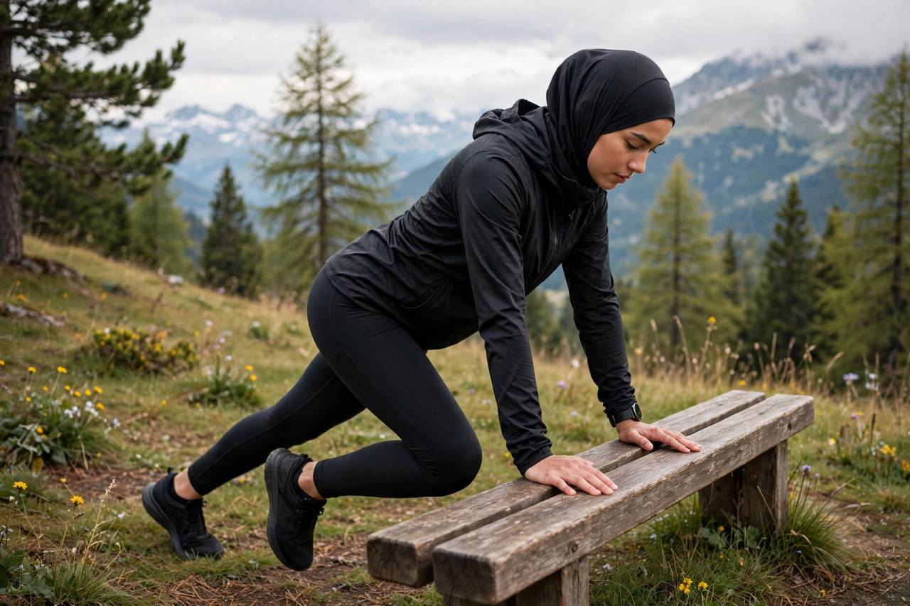 Person in modest full-coverage athletic wear (torso fully covered, no midriff, full-length leggings) doing incline mountain climbers with hands on bench, landscape