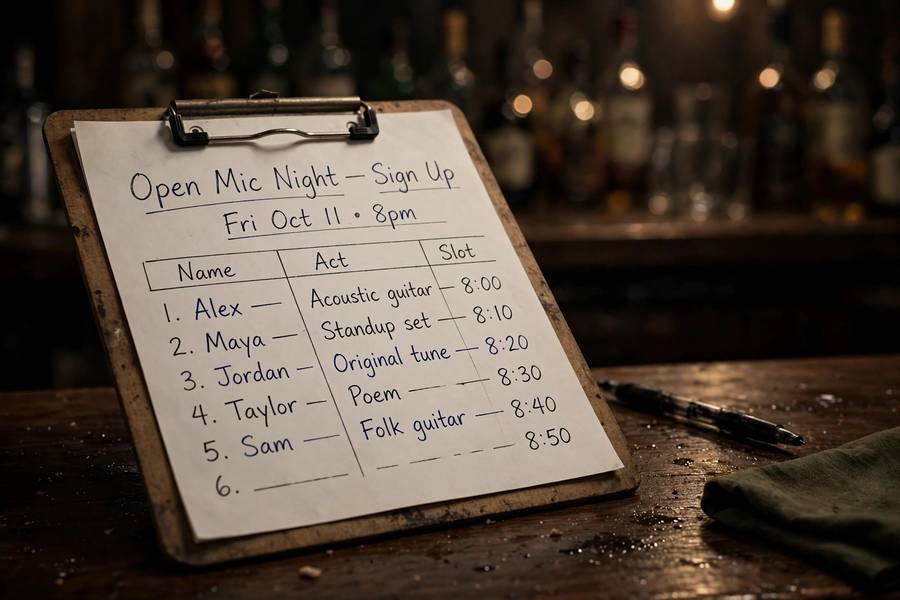 Sign-up sheet for open mic night on clipboard at bar