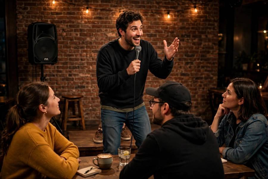 Comedian performing to small but attentive open mic audience