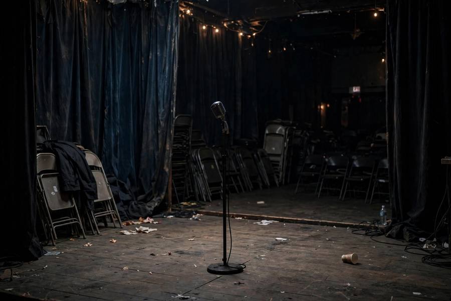 Empty stage with single microphone after open mic night ends