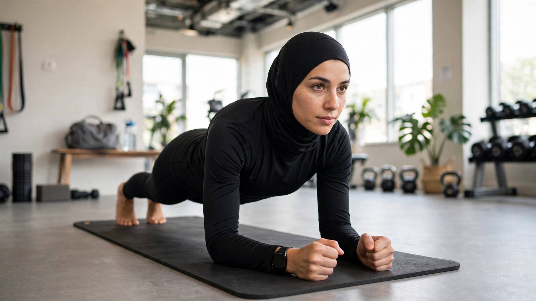 Fitness coach in modest full-length athletic wear demonstrating correct forearm plank form with a straight body line