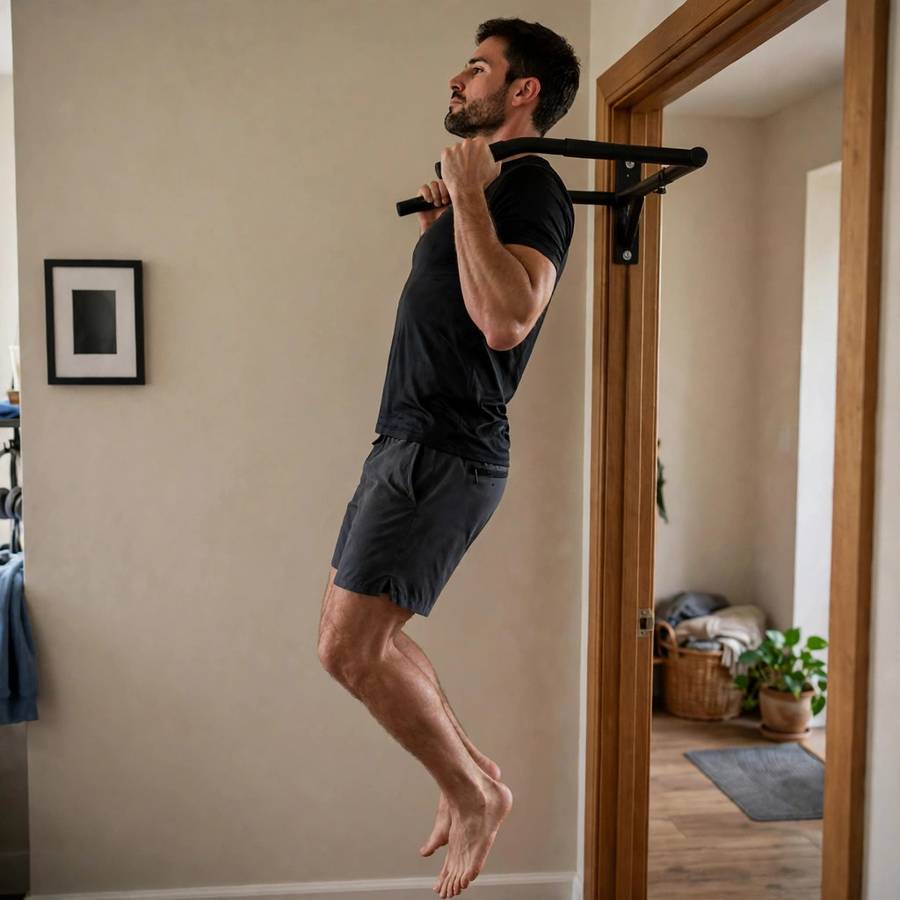 Man demonstrating proper pull up form with chin over the bar