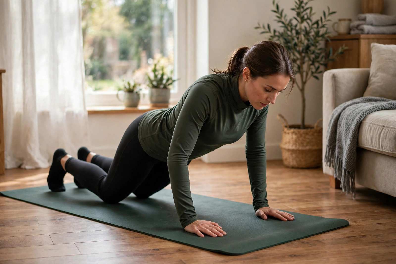 Beginner doing knee push-ups on a mat, demonstrating the modified progression step
