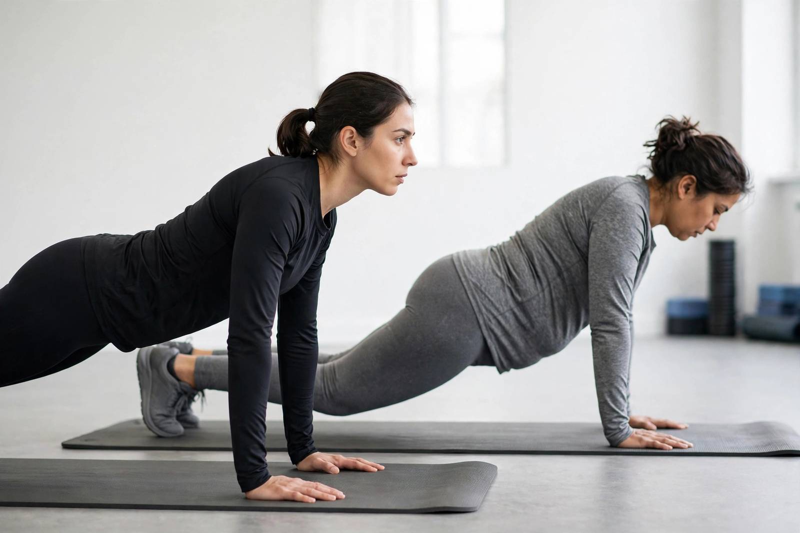 Side-by-side comparison of correct push-up form versus common mistakes: sagging hips, flared elbows