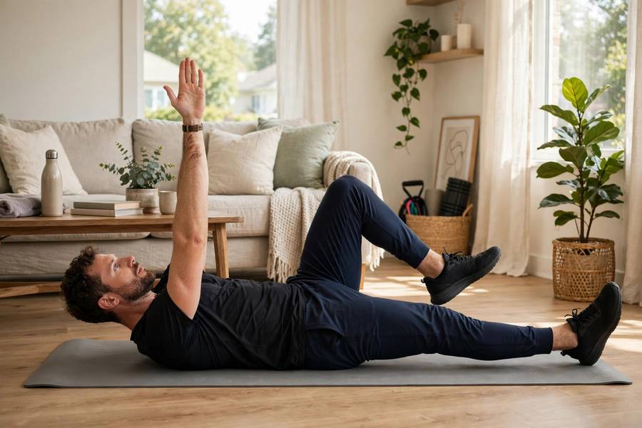 A person doing dead bugs as a safer sit-up alternative at home