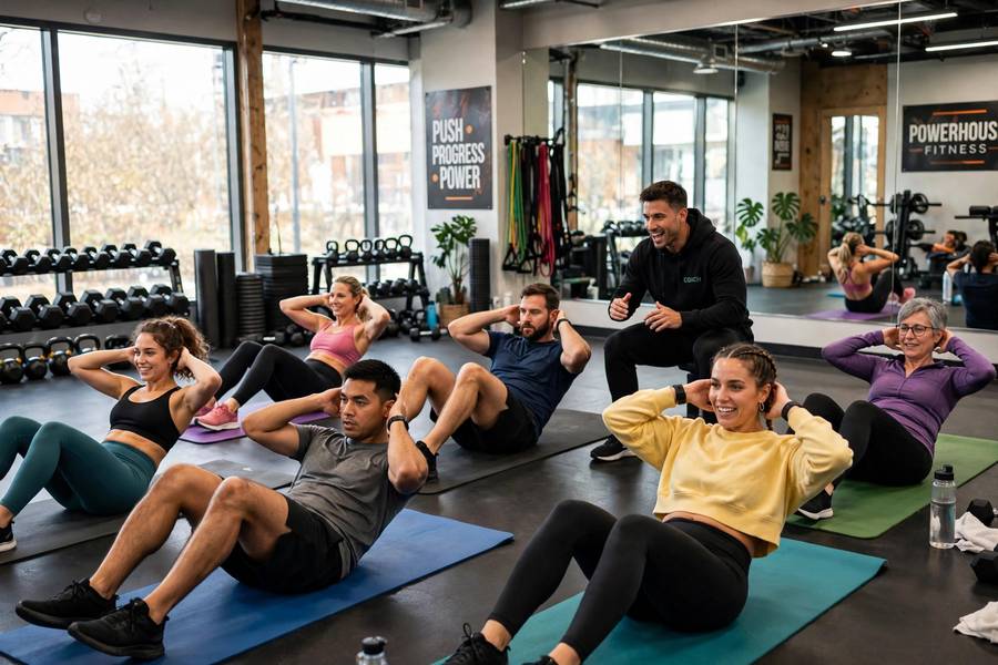 A fitness class doing ab exercises together on mats