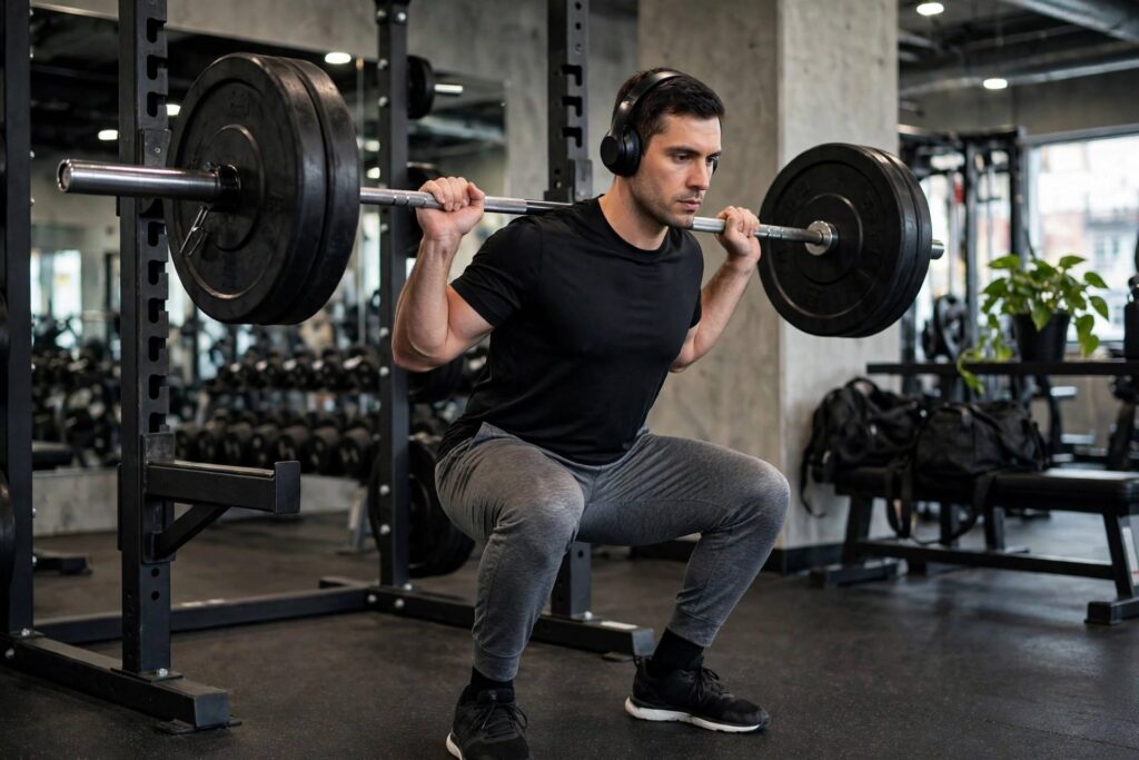 Man doing barbell back squats with proper form at the gym