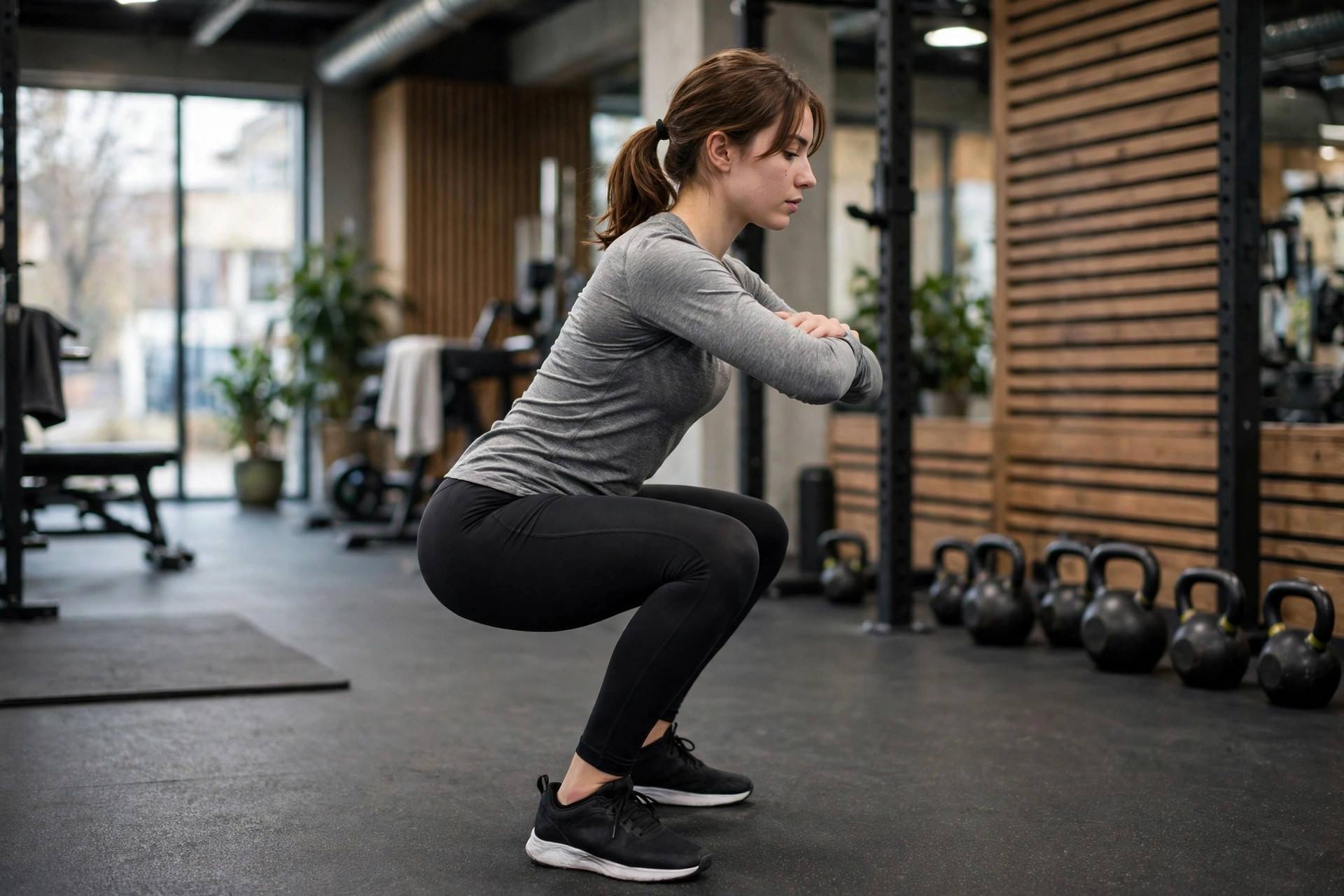 Athlete performing a deep bodyweight squat with perfect form in a gym