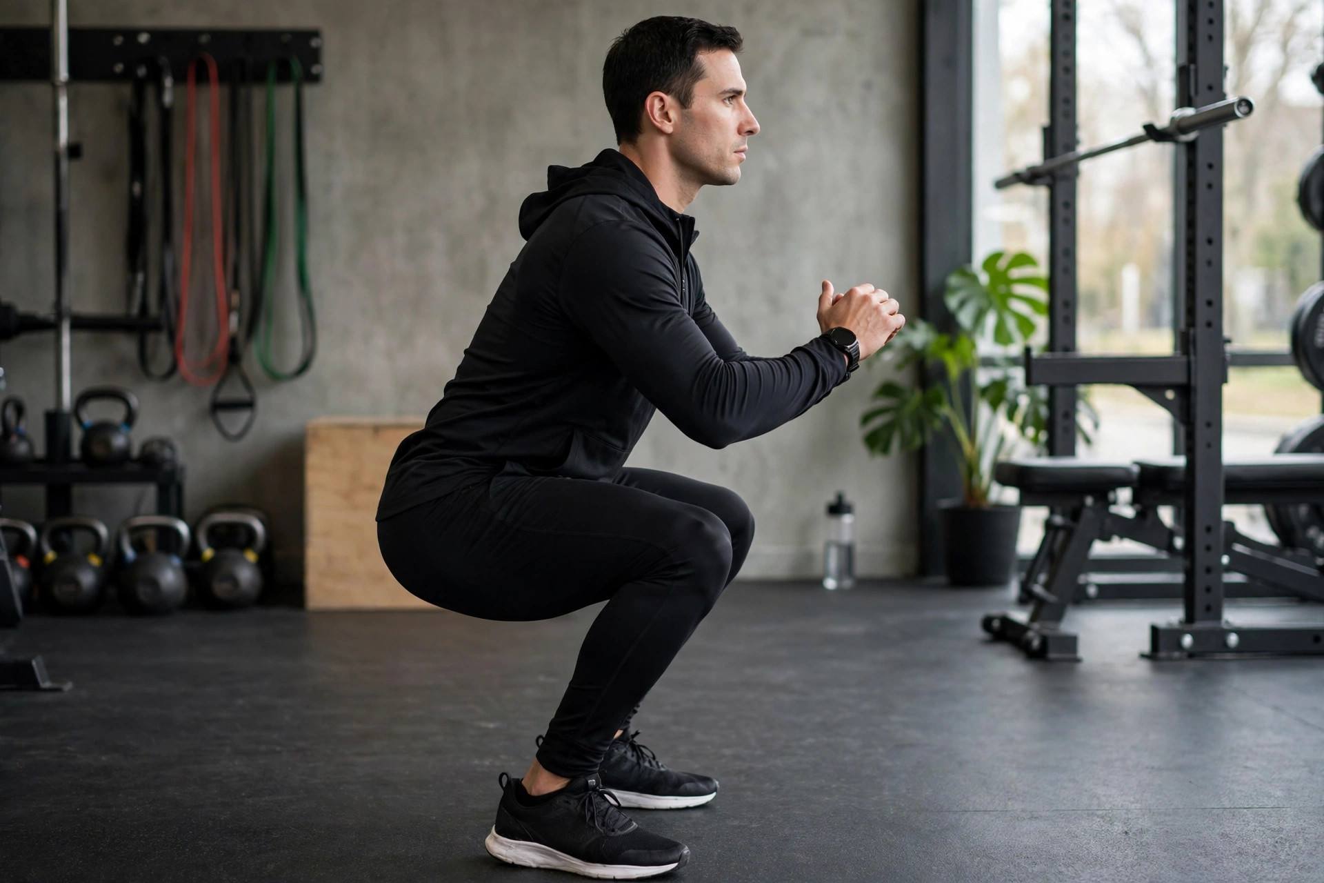 Fitness coach demonstrating correct squat depth and knee alignment side view