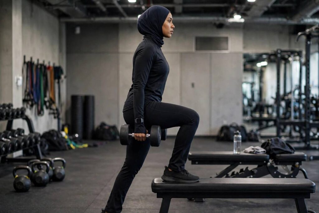 Person in modest full-coverage athletic wear (torso fully covered, no midriff, full-length leggings) doing dumbbell step ups on a gym bench, side view, landscape