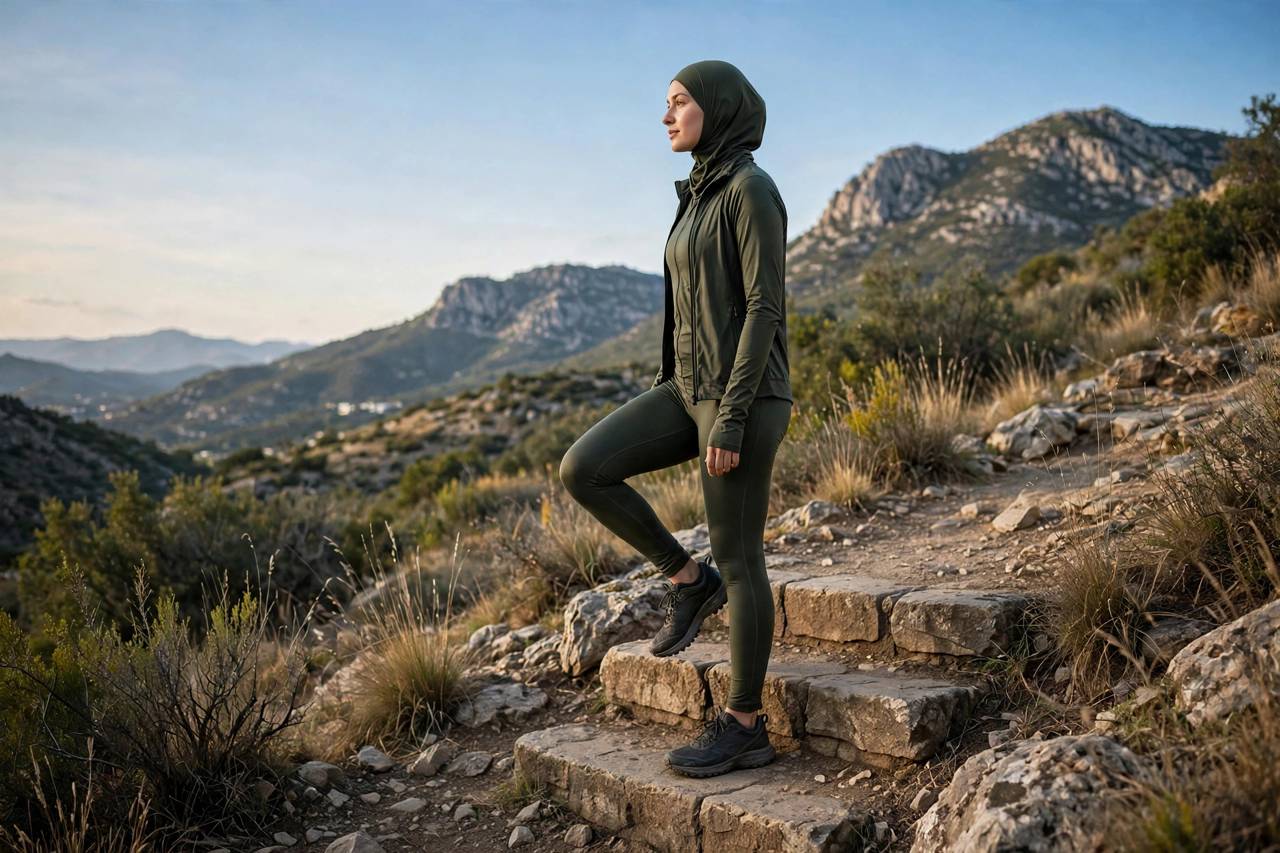 Person in modest full-coverage athletic wear (torso fully covered, no midriff, full-length leggings) at the top of a step up with knee raised, landscape